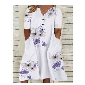 Butterfly Dress Print Shift Quarter Buttons Front Pockets Oversized Prairie S